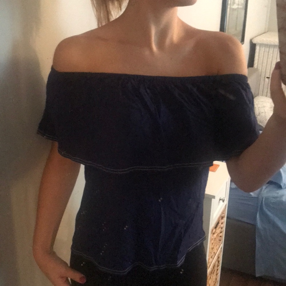 Off the shoulder navy shirt